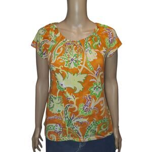 LRL Lauren Ralph Size M Fitted Cotton Orange Green Paisley Cap Sleeve Top Preppy